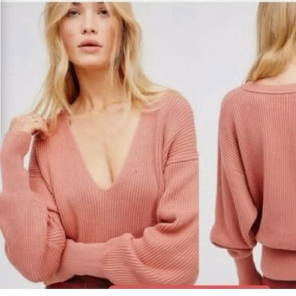 Free People Allure Ribbed V-Neck Pullover Sweater Pink Size L - Picture 2 of 6